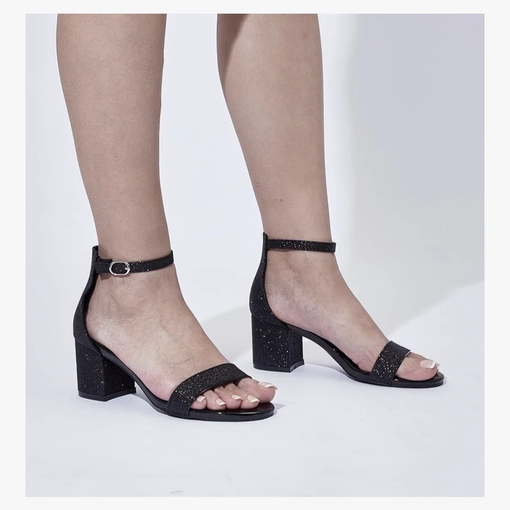 GENSHUO Open Toe Ankle Strap Block Chunky Low Heels #944